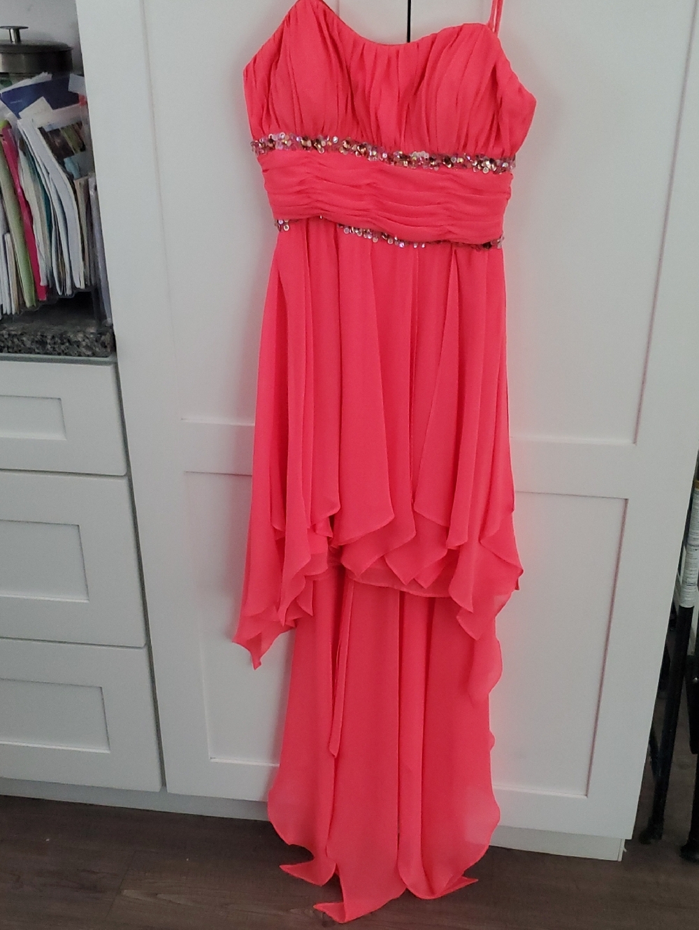 Morgan & Co. Coral Pink Chiffon High-Low Dress with Beaded Waist